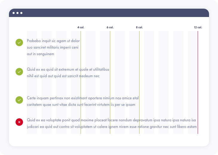 exemples de lignes de texte sur 4, 6, 8 et 10 colonnes