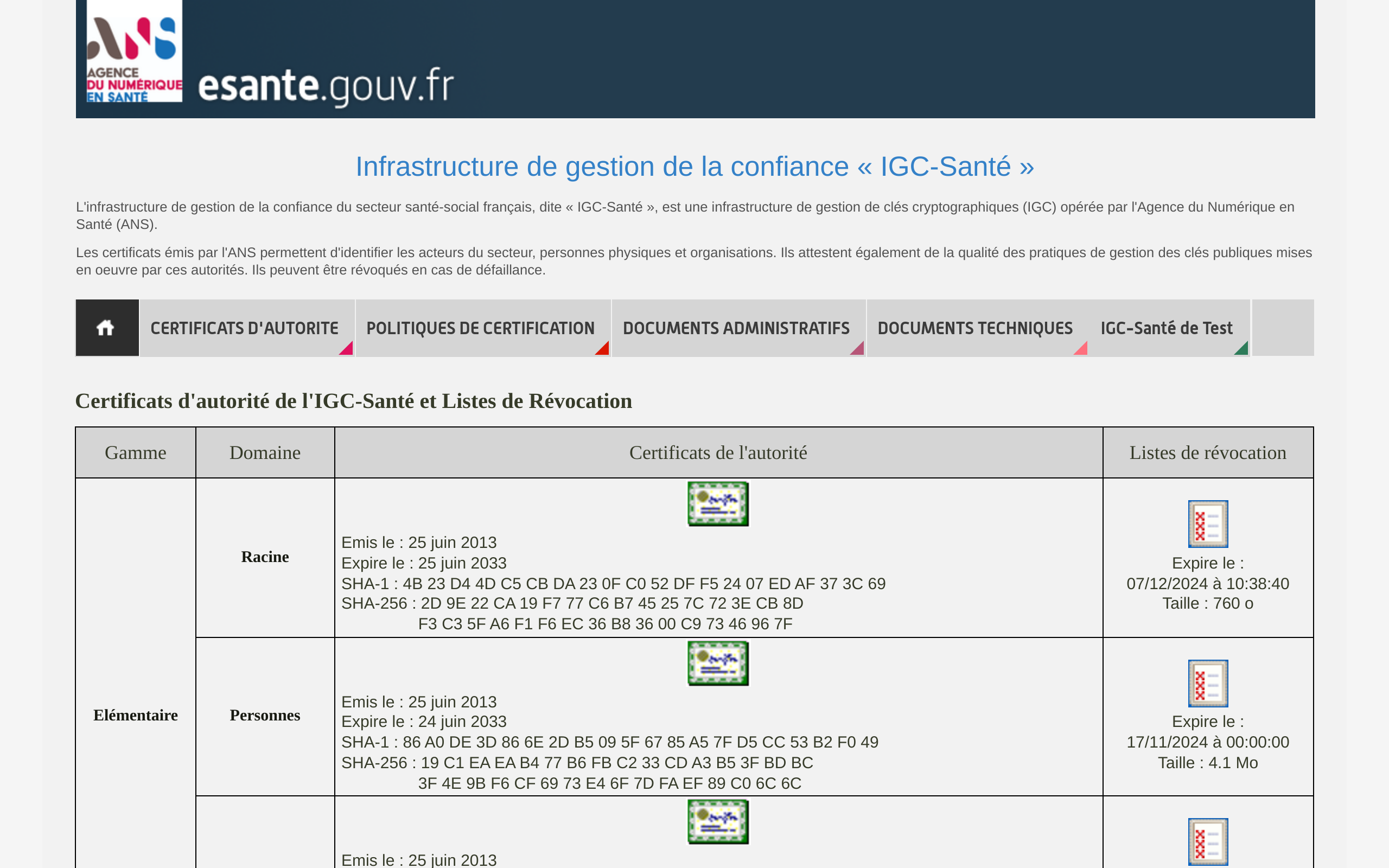 Copie d'écran de http://igc-sante.esante.gouv.fr