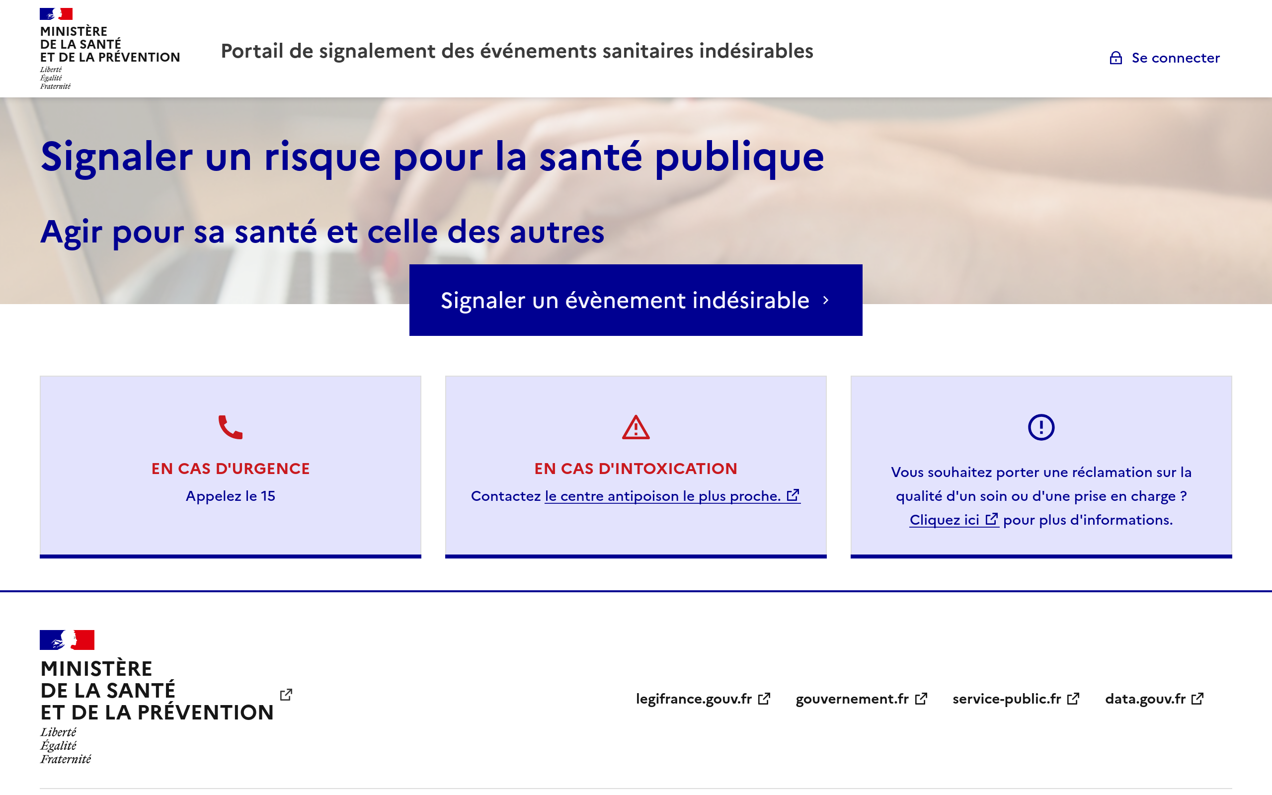 Copie d'écran de https://signalement.social-sante.gouv.fr/psig_ihm_utilisateurs/index.html#/accueil